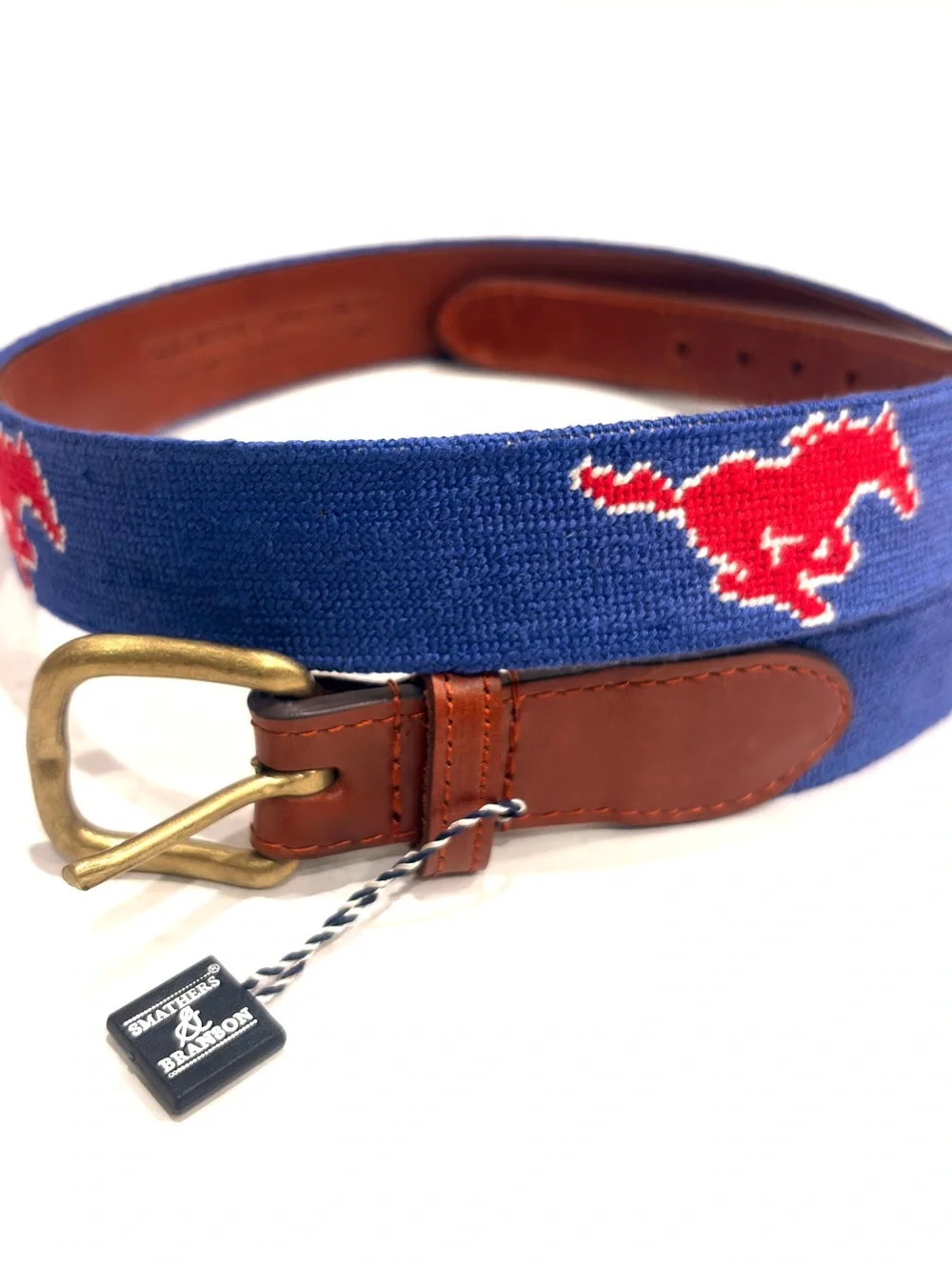 Smathers & Branson SMU Needlepoint Men's Belt 34 NEW Hand stitched